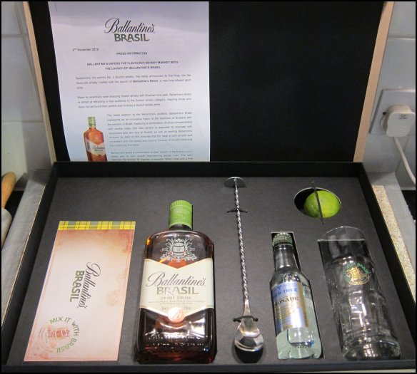 The rather lovely Ballantine Brazil press pack - note the sugar cane shaped glass and the pocket for the lime.