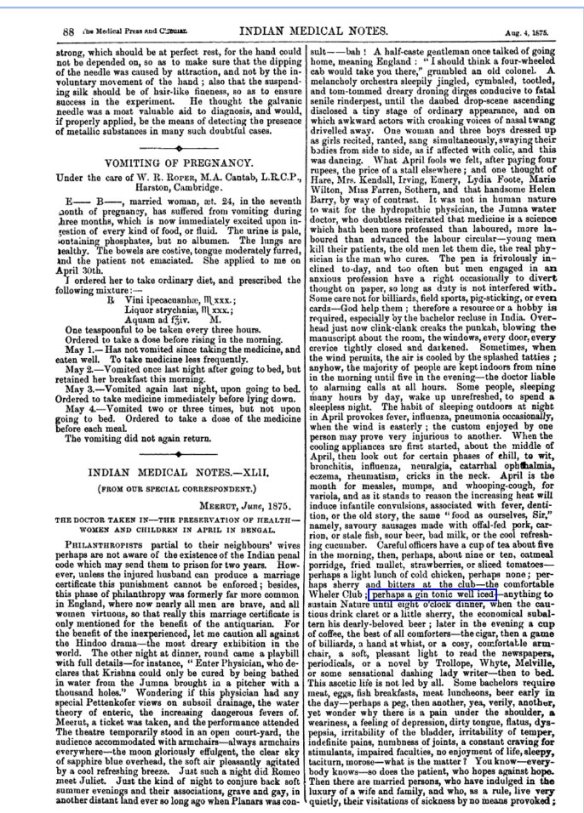 GIN TONIC HISTORY INDIAN MEDICAL NOTES - 1875